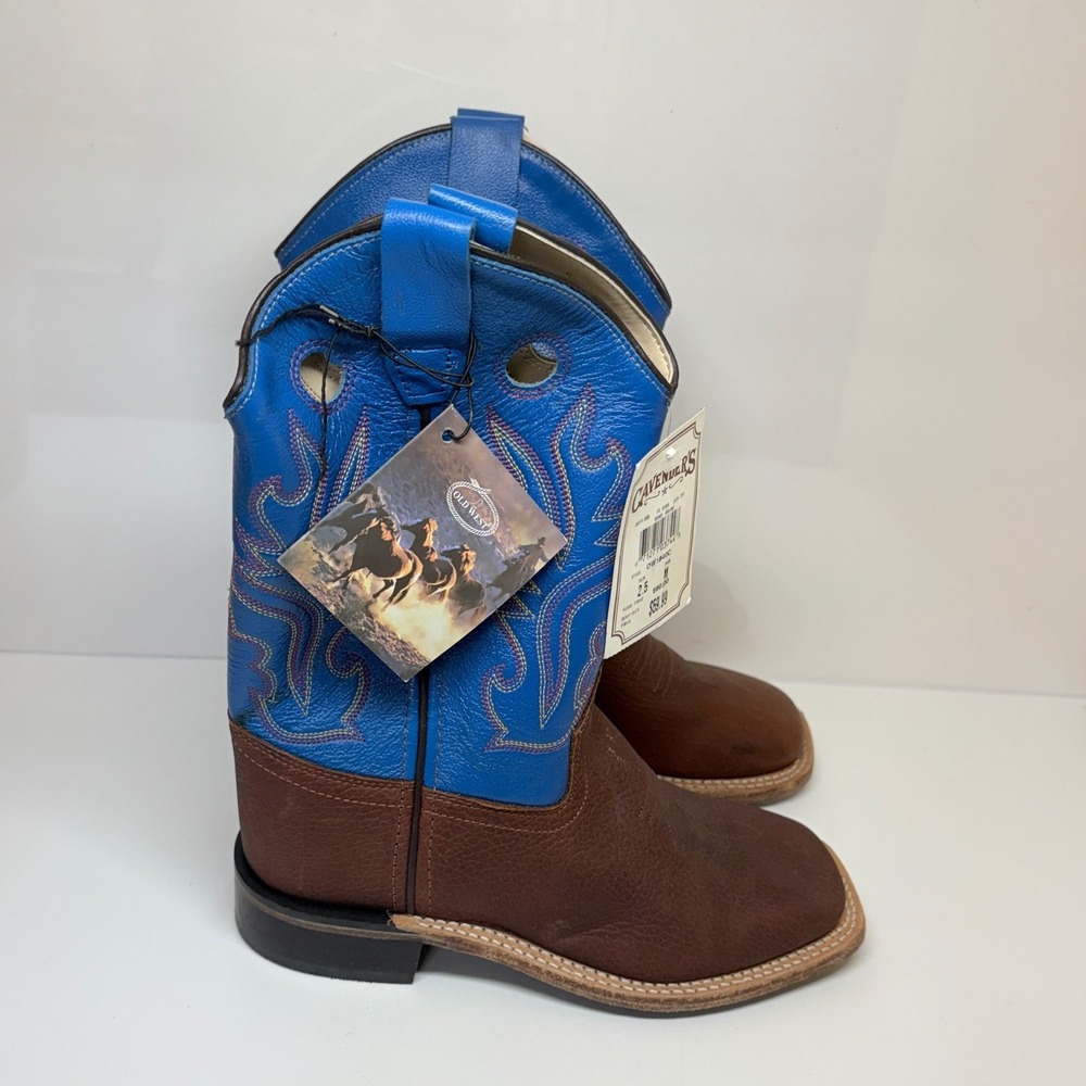 Old West Youth Boys Size 2.5D Blue Leather Square Toe Cowboy Boots